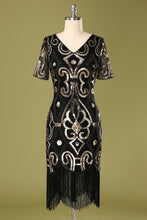 Load image into Gallery viewer, 1920s Black Sequins Flapper Dress