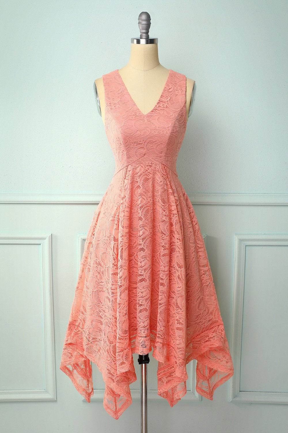 Asymmetrical Blush V Neck Lace Dress